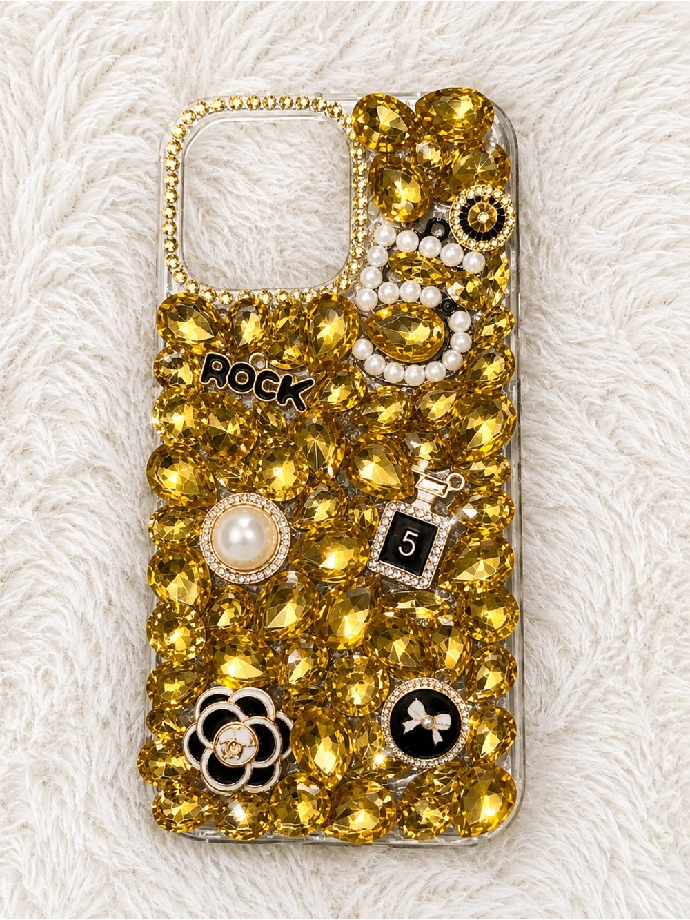 Gold Crystal Embellished iPhone 14 Pro Max Phone Case - Luxury Bling Design